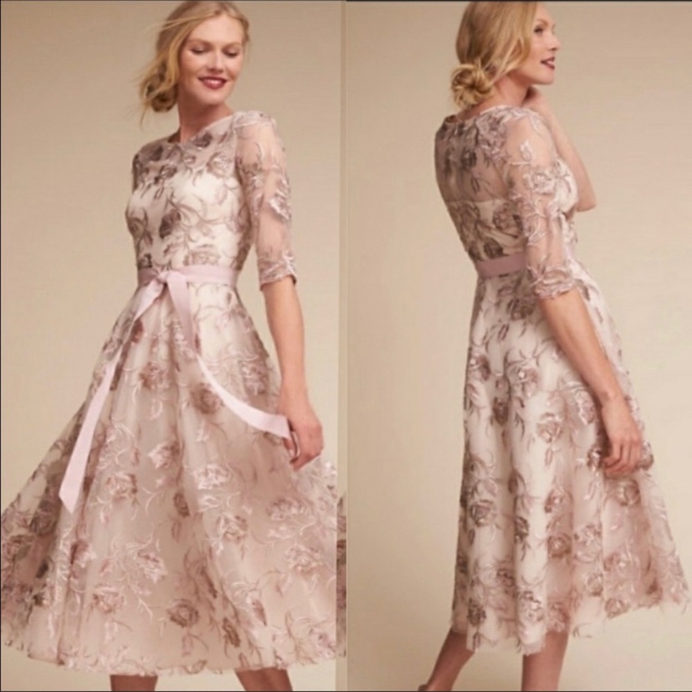 BHLDN Blush Pink Floral Embroidered Tea-Length Dress